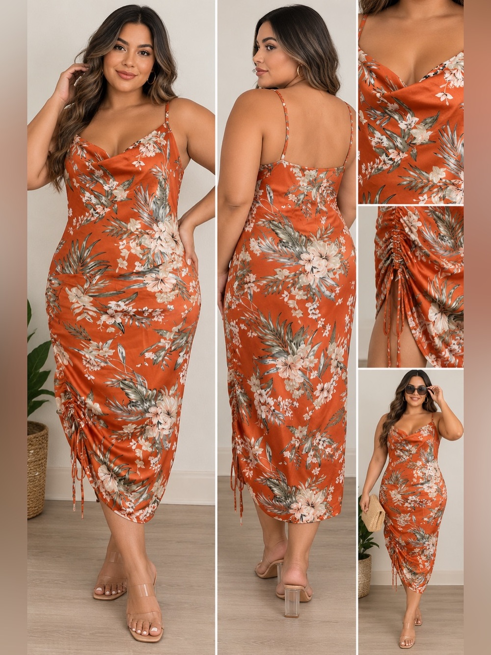 Simplee Plus 4XL Orange Floral Satin Slip Midi Dress Cowl Neck Ruched Side NWT